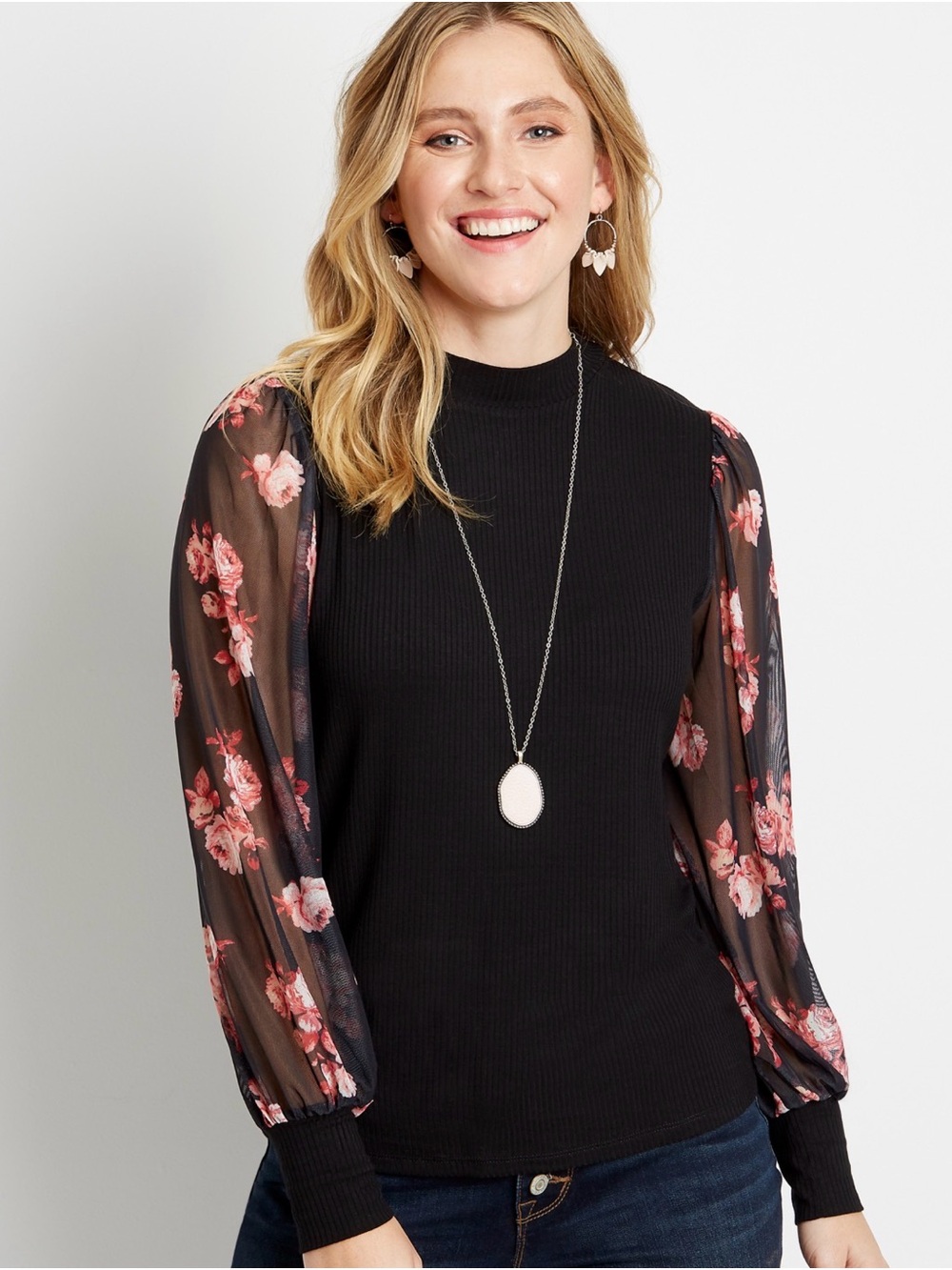 Maurices Black Sheer Floral Sleeve Mock Neck Top